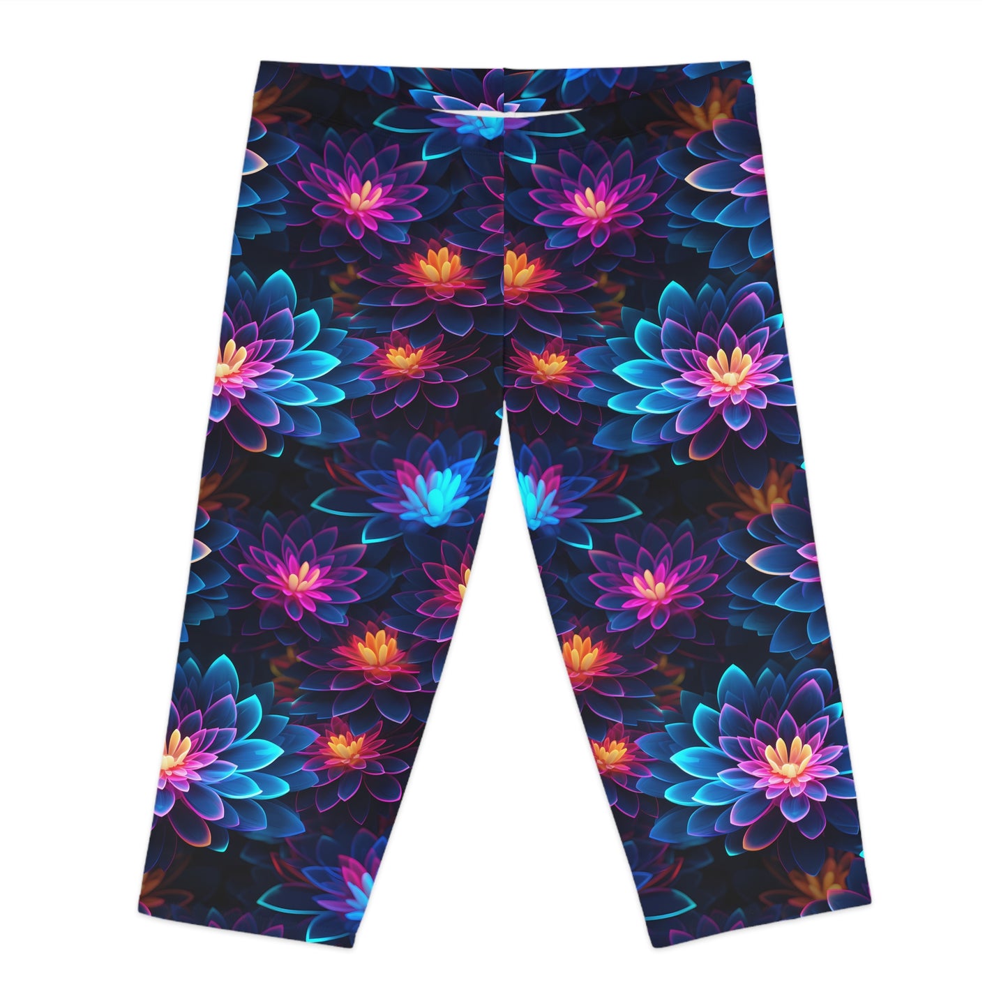 Women's Capri Leggings with Neon Flower Pattern - Vibrant AOP Fitness & Yoga Leggings