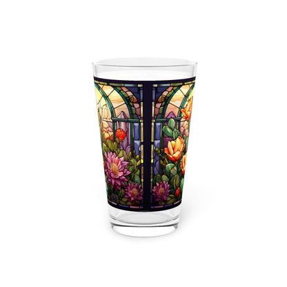 Desert Bloom: A Stained Glass Tribute to Cacti 16oz Pint Glass Gift idea gifts for home decor housewarming gift