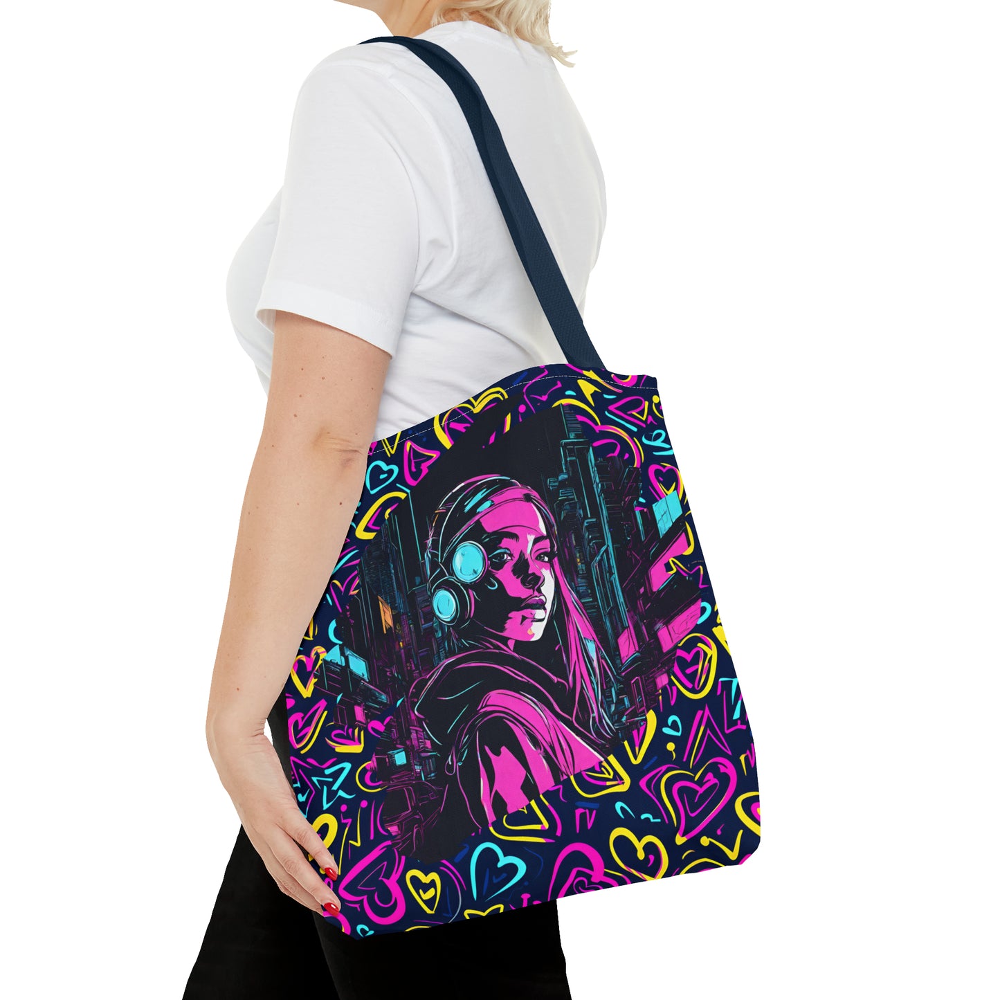 Cyberpunk Girl in Neon Graffiti Hearts AOP Tote Bag 3 sizes 5 color handle options