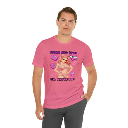 Sarcastic Elegance: Vintage Pink Pinup Girl "Sugar and Spice" on a Bella+Canva 3001 Unisex Jersey T-Shirt - A Must-Have Gift for her
