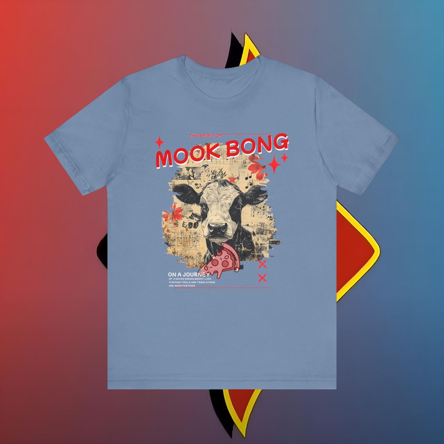 Blue t-shirt with a cow graphic and 'Mook Bong' text on a colorful background