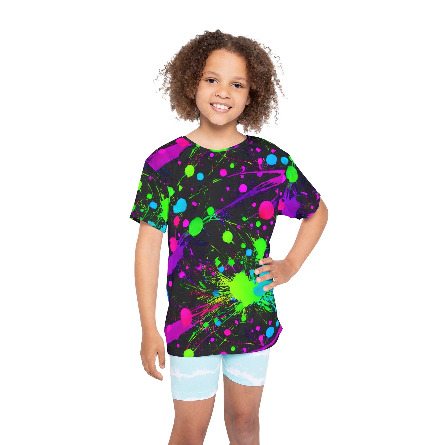 Expressive Play: All Over Print Kid Sport Jersey with Green and Pink Paint Splats