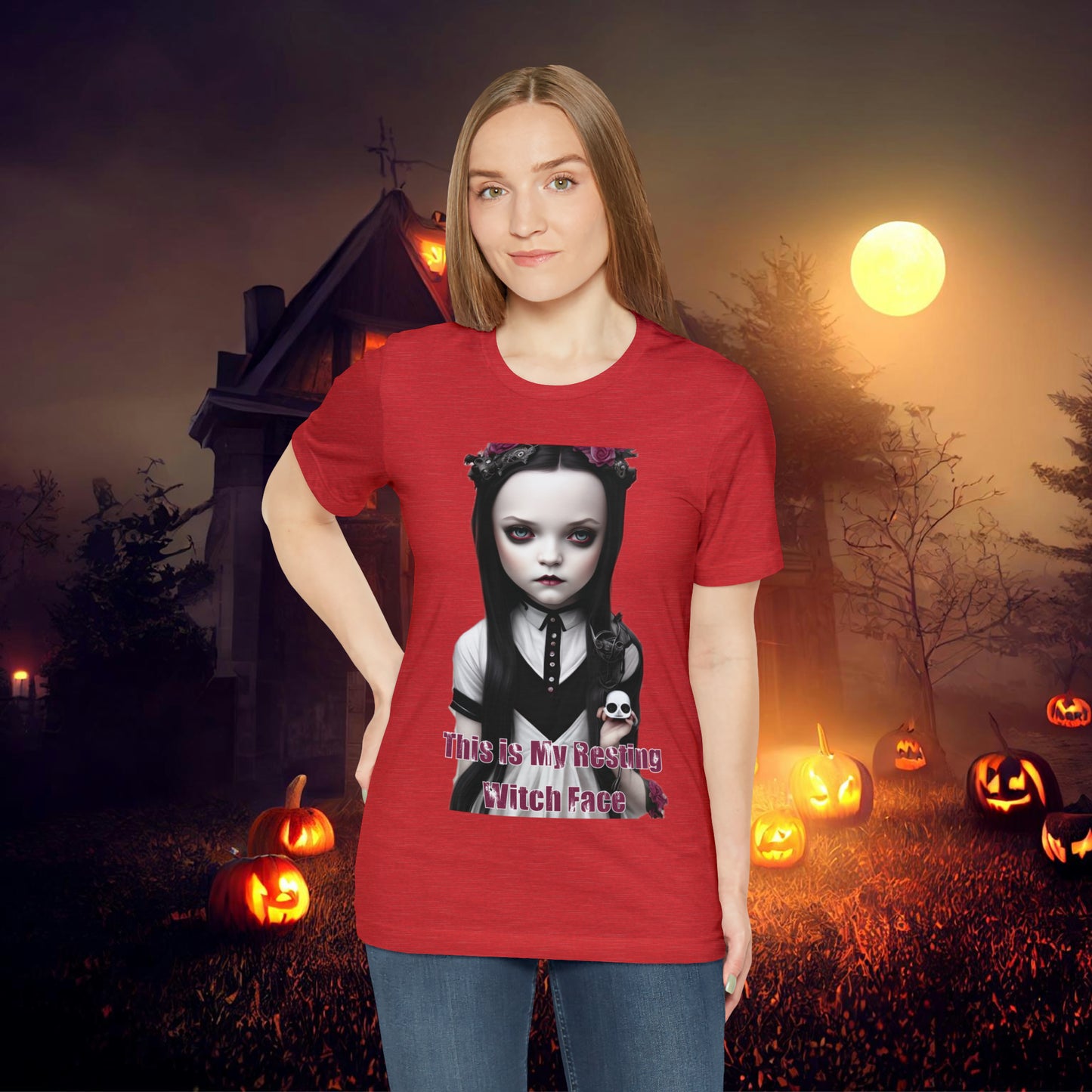 Wednesday Addams Chibi by Charlie Bowater This Is my Resting Witch Face Halloween Unisex Jersey Short Sleeve Tee