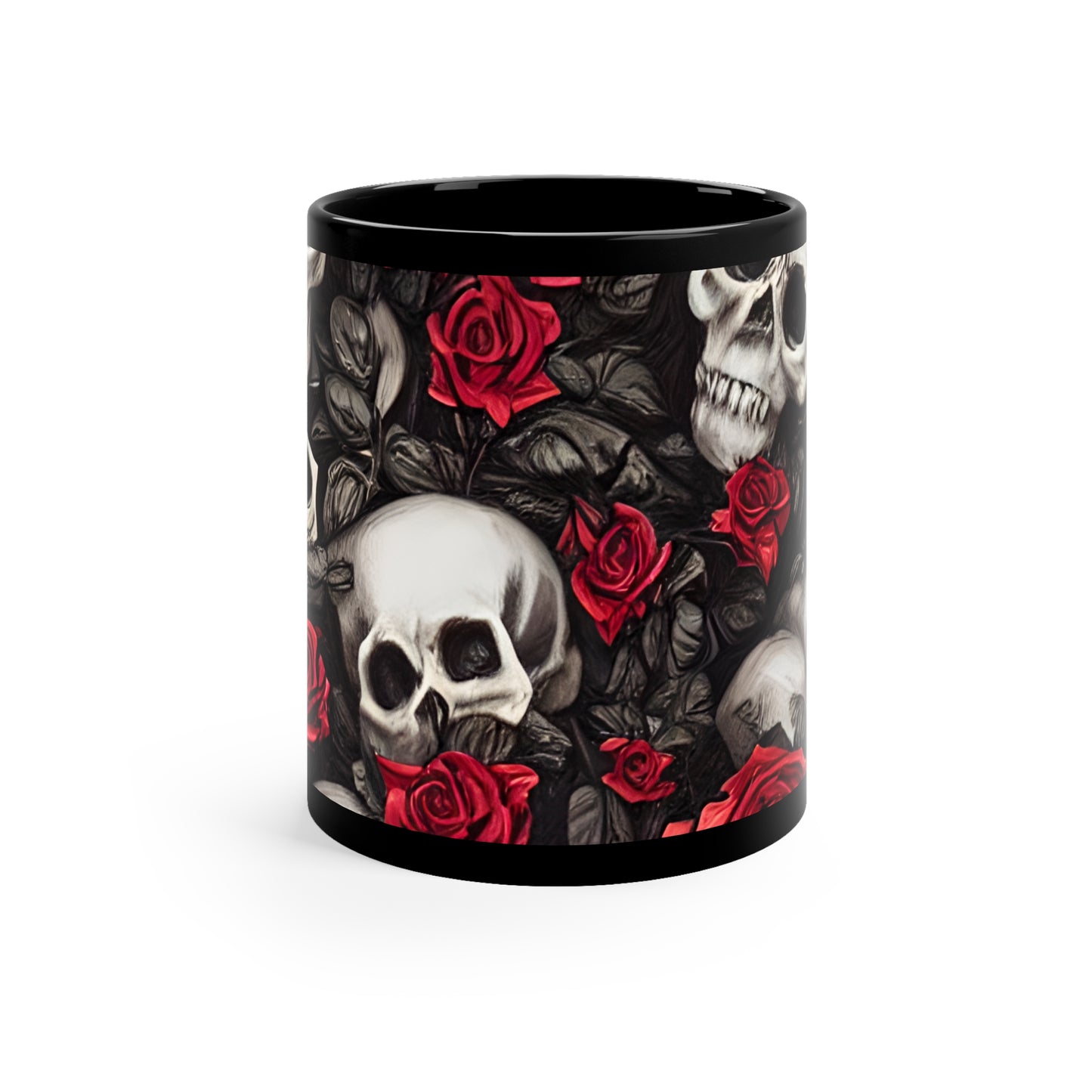 Hyper Realistic Skulls and Red Roses by artist Anne-Laure Goupil 11oz Black Mug