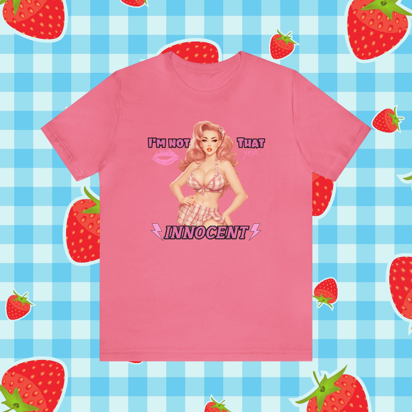 Timeless Elegance: Vintage Pink Pinup Girl "I'm not that Innocent on a Bella+Canva 3001 Unisex Jersey T-Shirt - A Must-Have Gift for her