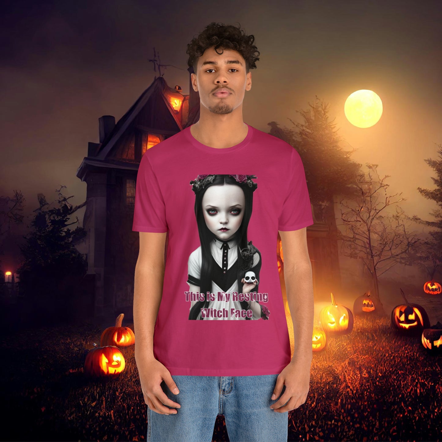 Wednesday Addams Chibi by Charlie Bowater This Is my Resting Witch Face Halloween Unisex Jersey Short Sleeve Tee