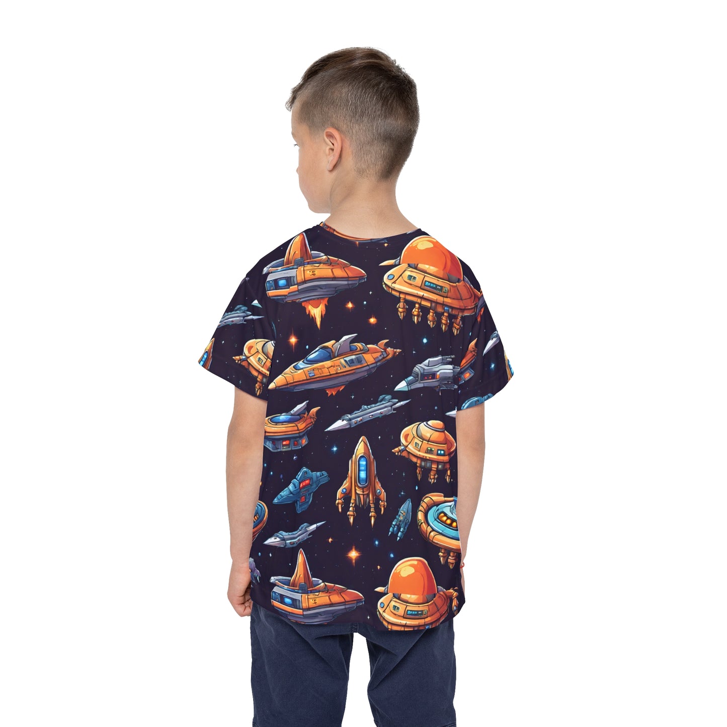 Launch into Playtime: All Over Print Kid Sport Jersey with Space Ships