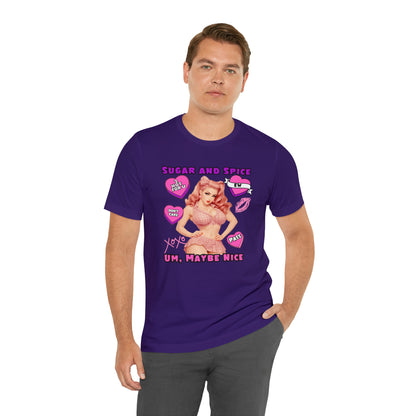 Sarcastic Elegance: Vintage Pink Pinup Girl "Sugar and Spice" on a Bella+Canva 3001 Unisex Jersey T-Shirt - A Must-Have Gift for her