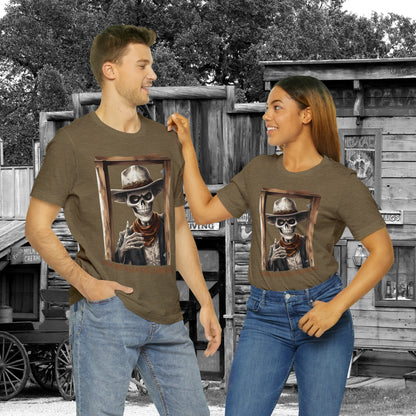 Spooky Saloon Showdown Gunslinging Skeleton Cowboy Halloween Unisex Jersey Short Sleeve Tee