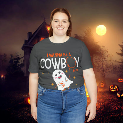 Little Ghost Saying I wanna be a cowboy baby Retro Groovy Western Halloween Unisex Jersey Short Sleeve Tee Gifts for Him Gifts for her.