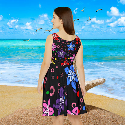 Good Times Good Vibes Feeling Groovy Retro Colorful Flowers Women's Skater Dress (AOP)