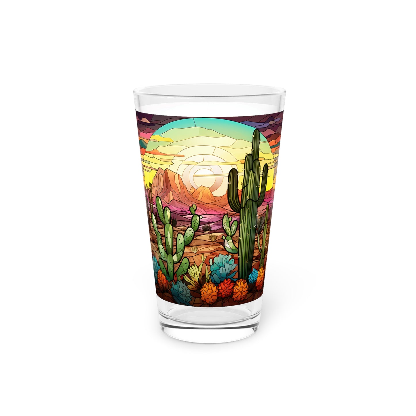 Desert Cactus Bloom: A Stained Glass Tribute to Cacti 16oz Pint Glass Gift idea gifts for home decor housewarming gift