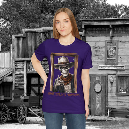 Spooky Saloon Showdown Gunslinging Skeleton Cowboy Halloween Unisex Jersey Short Sleeve Tee