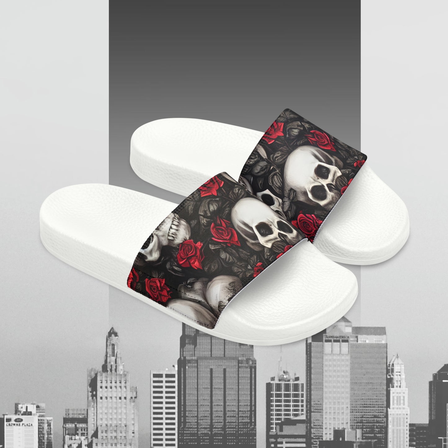 Hyper Realistic Skulls and Red Roses by artist Anne-Laure Goupil Men's PU Slide Sandals