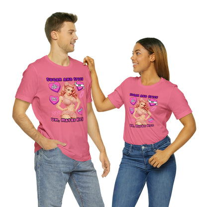 Sarcastic Elegance: Vintage Pink Pinup Girl "Sugar and Spice" on a Bella+Canva 3001 Unisex Jersey T-Shirt - A Must-Have Gift for her