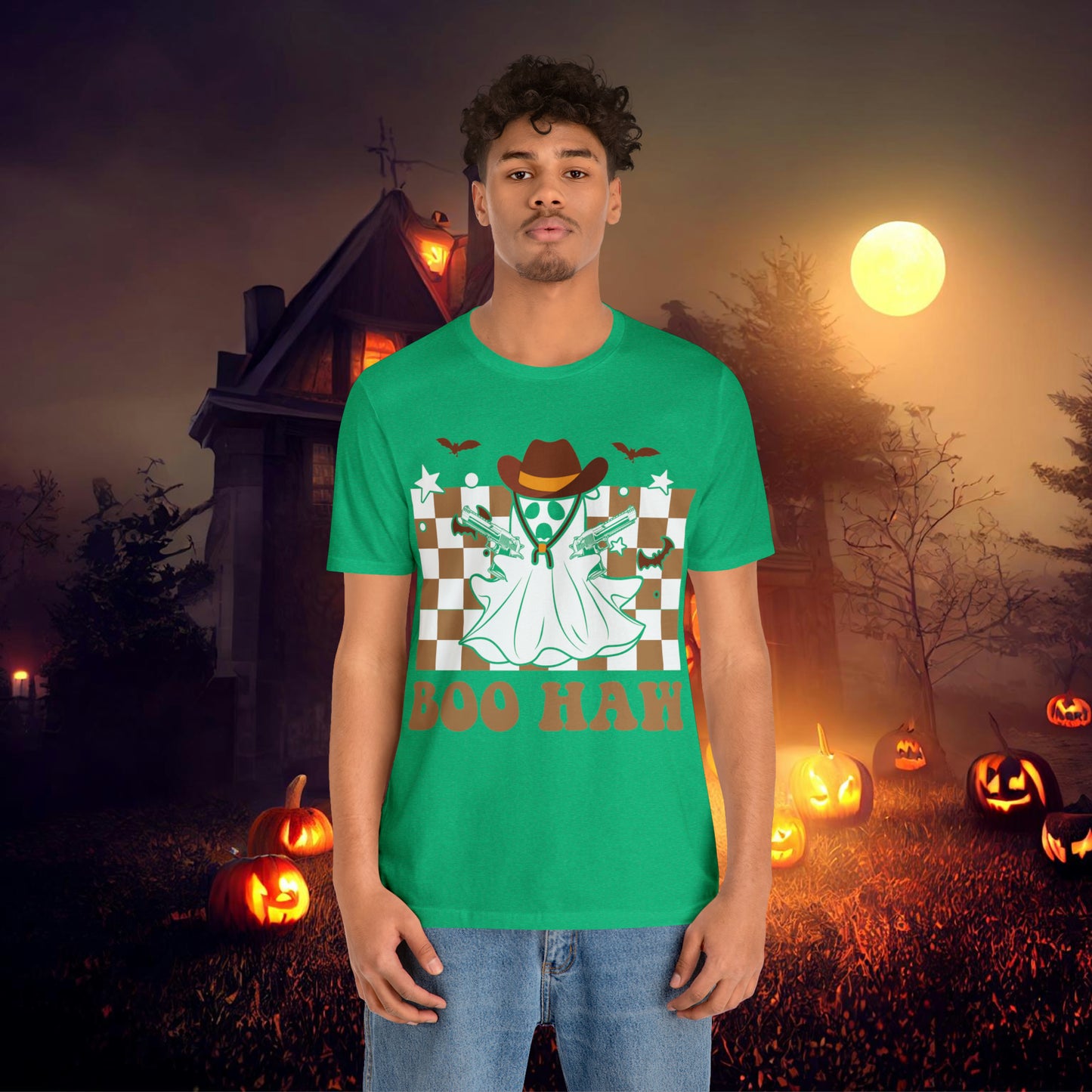 Cowboy Gunslinging Ghost saying Boo Haw Retro Western Halloween Unisex Jersey Short Sleeve Tee Gifts for Him Gifts for Her