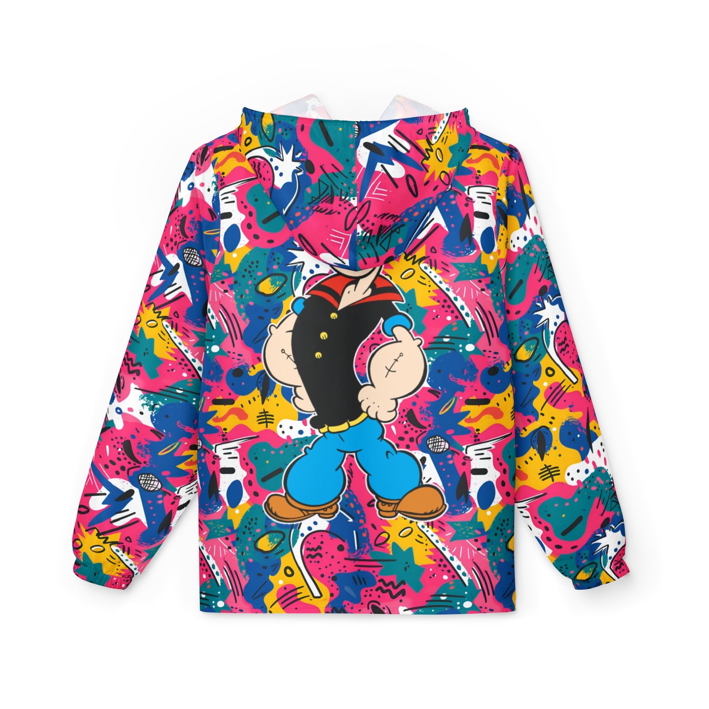 Abstract Pop Windbreaker Jacket (AOP) Featuring on the Back everyone favorite sailor Popeye