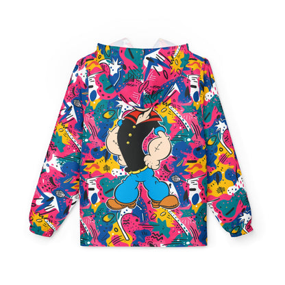 Abstract Pop Windbreaker Jacket (AOP) Featuring on the Back everyone favorite sailor Popeye