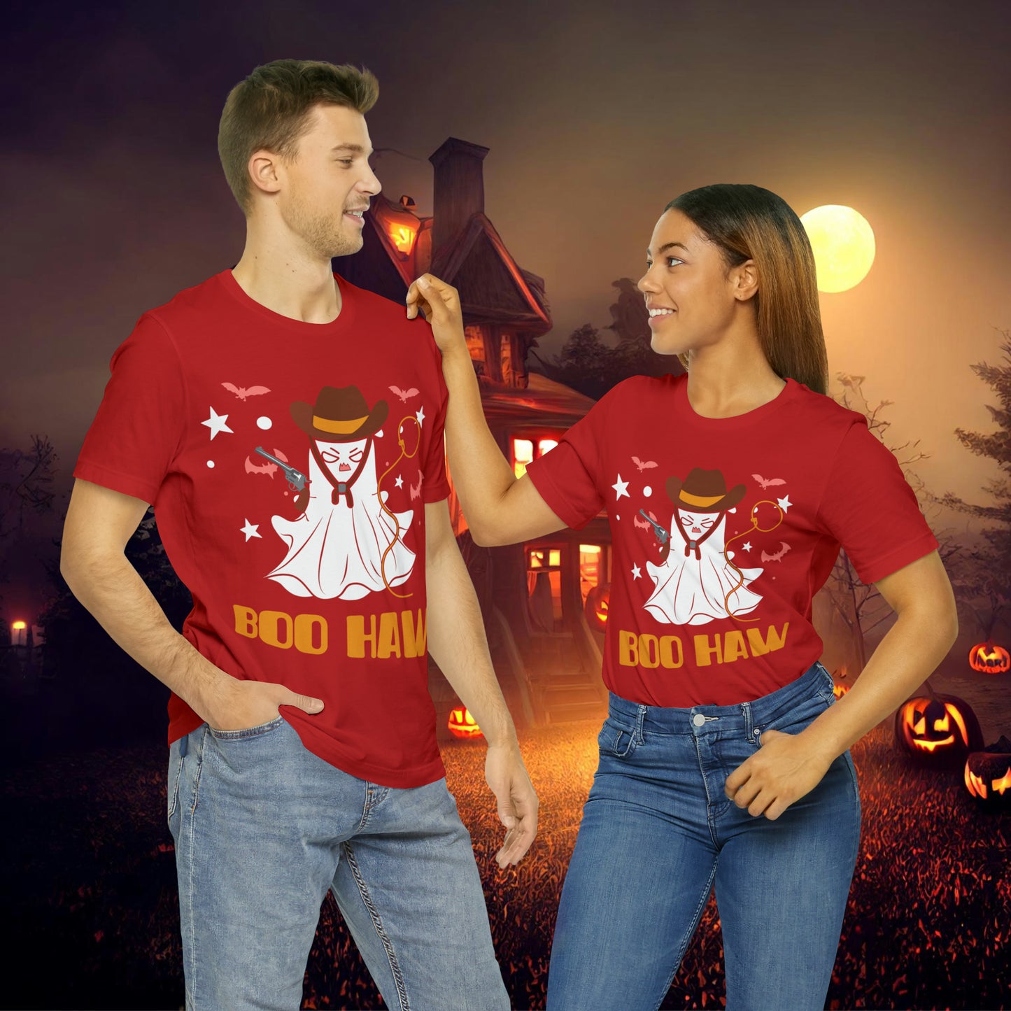 Ghost Cowboy Gunslinger saying Boo Haw Retro Western Halloween Unisex Jersey Short Sleeve Tee Gifts for Her Gifts for Him