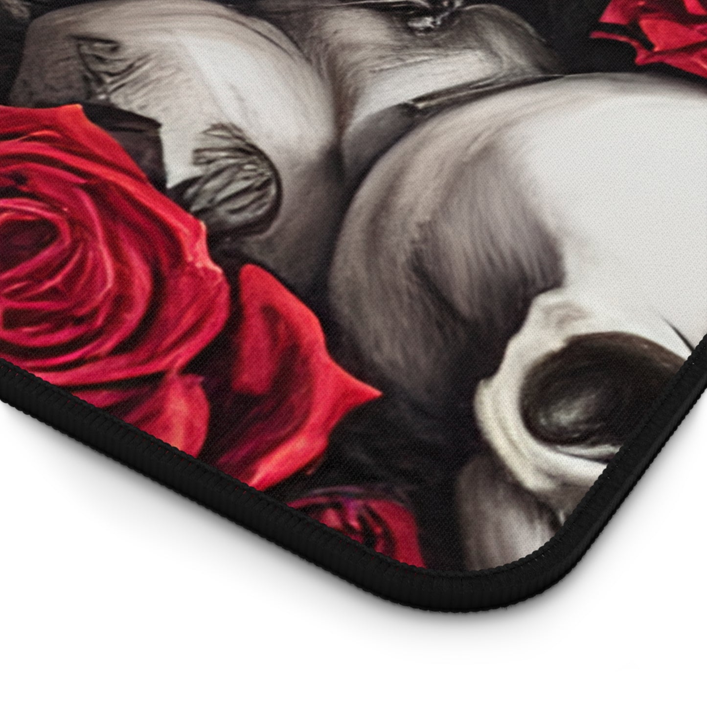 Hyper Realistic Skulls and Red Roses by artist Anne-Laure Goupil Desk Mat