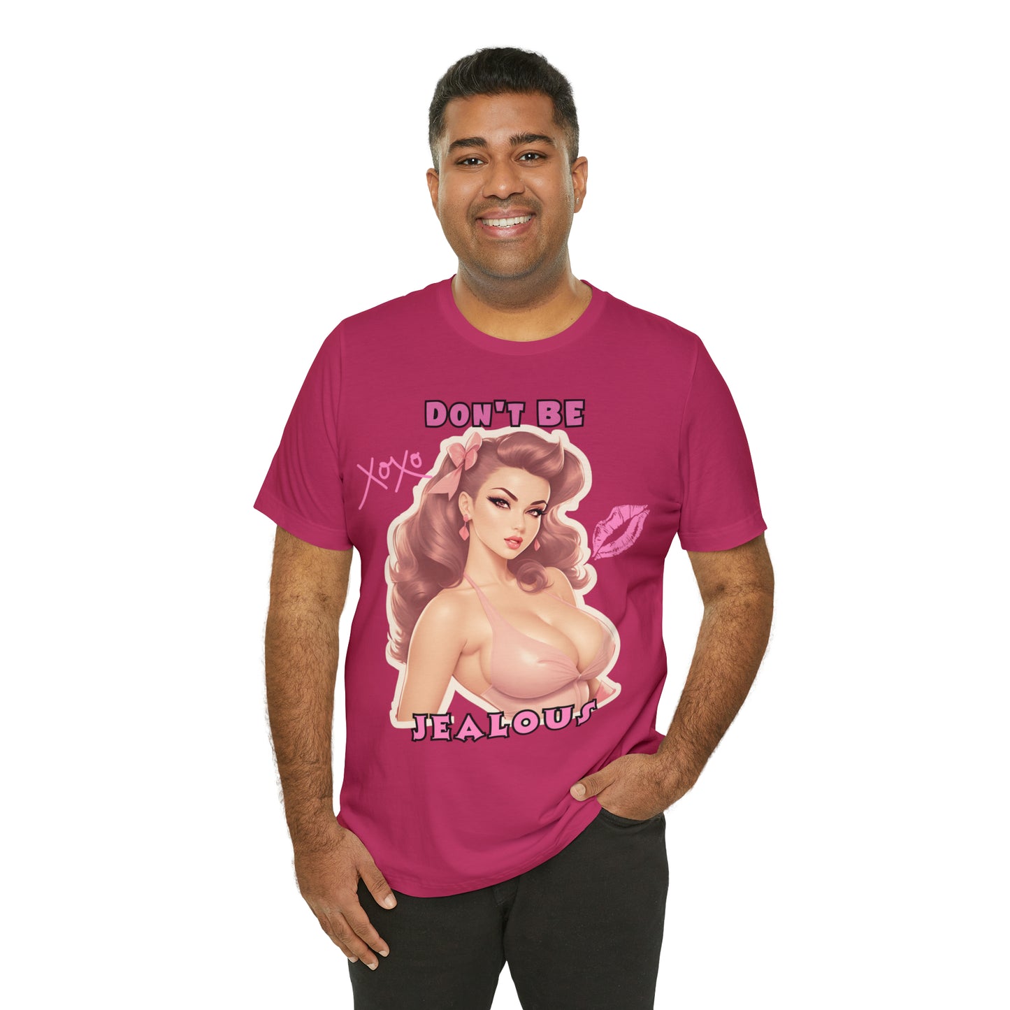 Timeless Elegance: Vintage Pink Pinup Girl "Don't Be Jealous" on a Bella+Canva 3001 Unisex Jersey T-Shirt - A Must-Have Gift for her