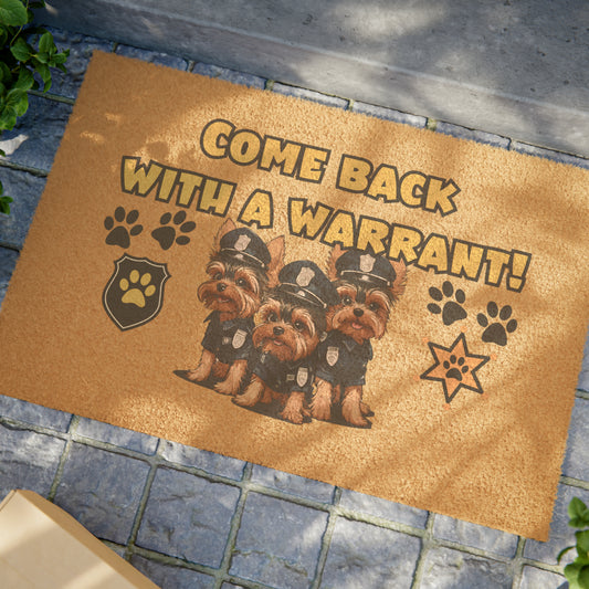 Funny 'Come Back with a Warrant' Yorkshire Terrier Police Dogs Doormat | 24" x 16" | Outdoor Coir Welcome Mat