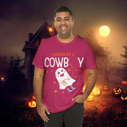 Little Ghost Saying I wanna be a cowboy baby Retro Groovy Western Halloween Unisex Jersey Short Sleeve Tee Gifts for Him Gifts for her.