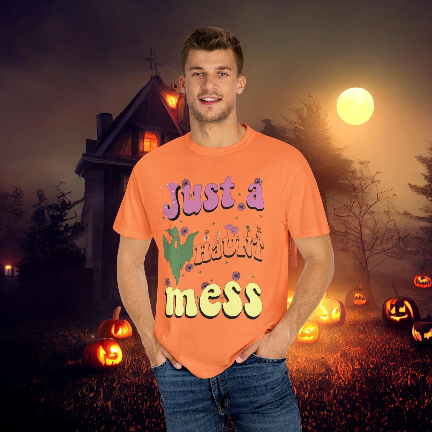 Just a Haunt Mess Retro Halloween Unisex Garment-Dyed T-shirt Gifts for Her Gifts for him