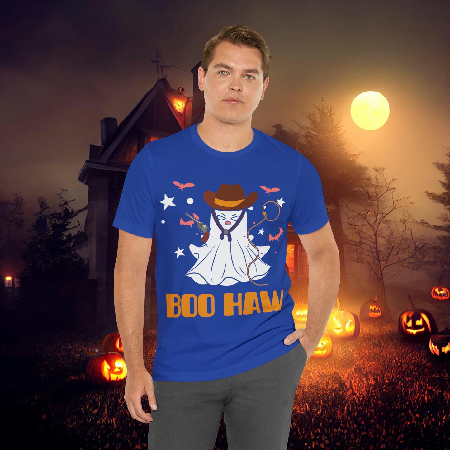 Ghost Cowboy Gunslinger saying Boo Haw Retro Western Halloween Unisex Jersey Short Sleeve Tee Gifts for Her Gifts for Him