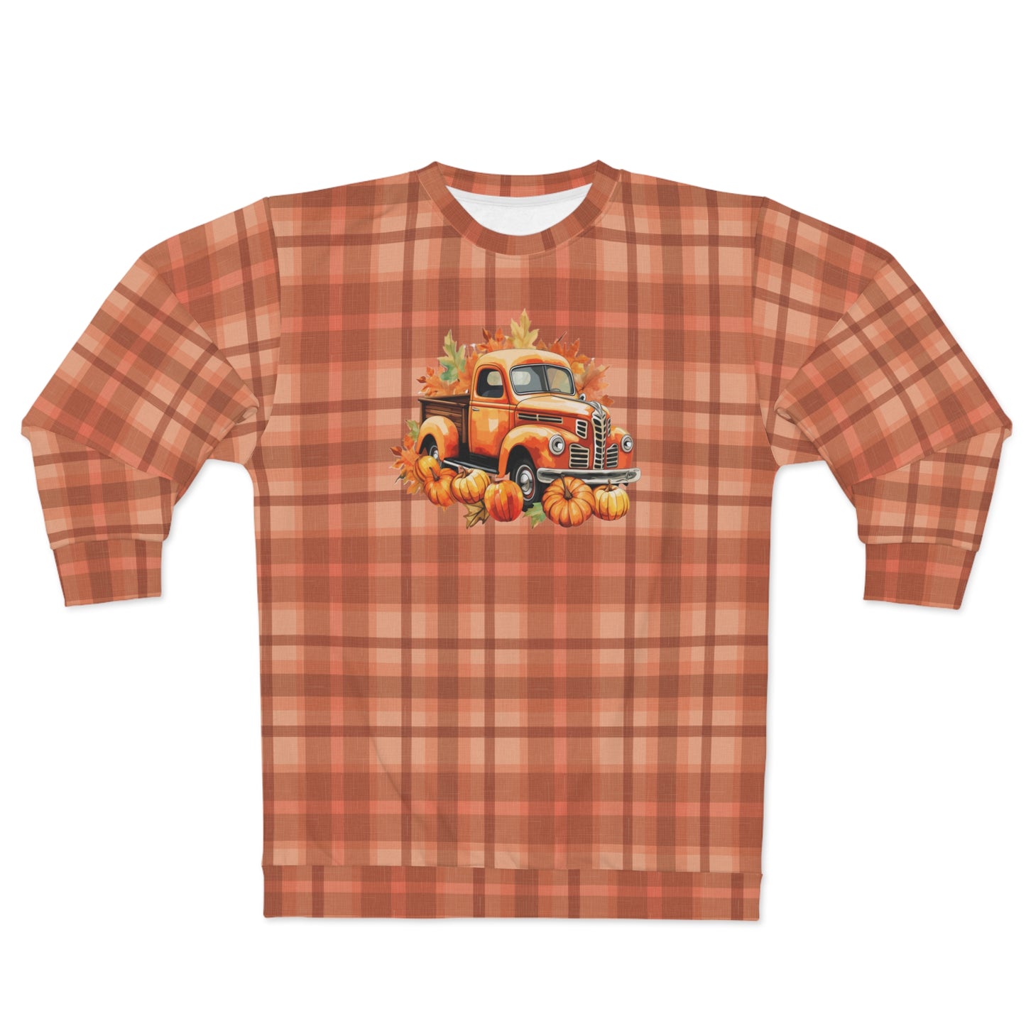 Vintage Orange Pickup and Pumpkins on a Plaid pattern Unisex Fall Sweatshirt (AOP) - Celebrate Autumn in Cozy Style