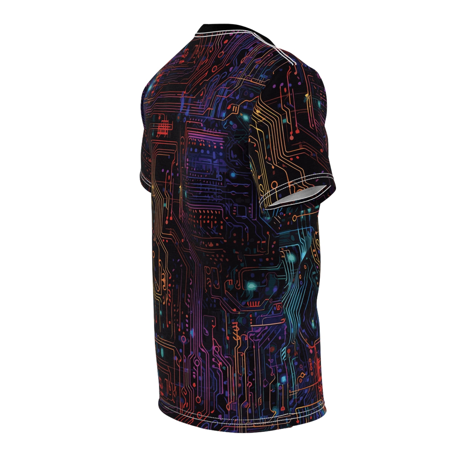 CyberPunk Futuristic Cybernetic Skull With Glowing Blue and Red Eyes breaking through a Neon Circuit Board Unisex Cut & Sew Tee (AOP)