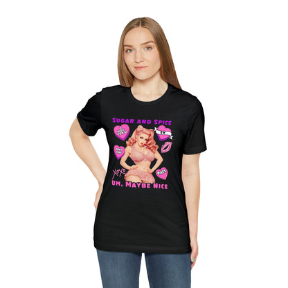 Sarcastic Elegance: Vintage Pink Pinup Girl "Sugar and Spice" on a Bella+Canva 3001 Unisex Jersey T-Shirt - A Must-Have Gift for her