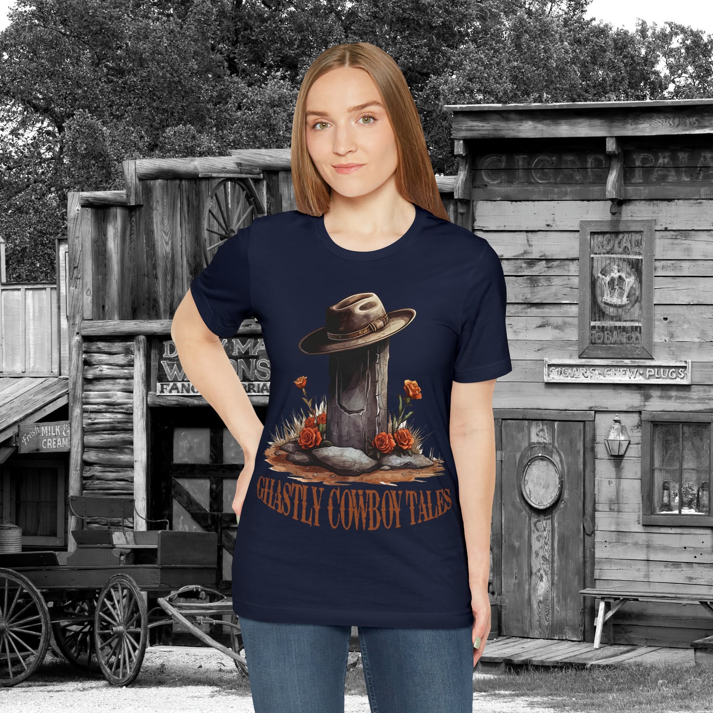 Ghastly Ghost Tales Western Halloween Unisex Jersey Short Sleeve Tee Gifts for Her Gifts for Him