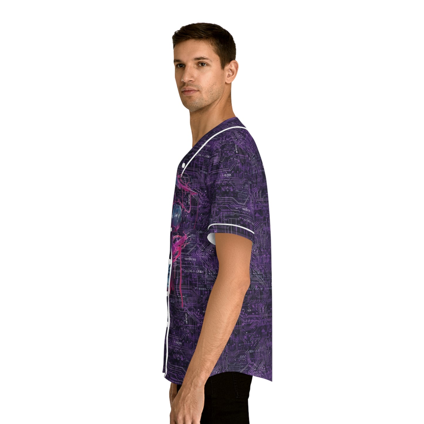 CyberPunk Cybernetic Skull breaking through a Purple Neon Circuit Board Men's Baseball Jersey (AOP)