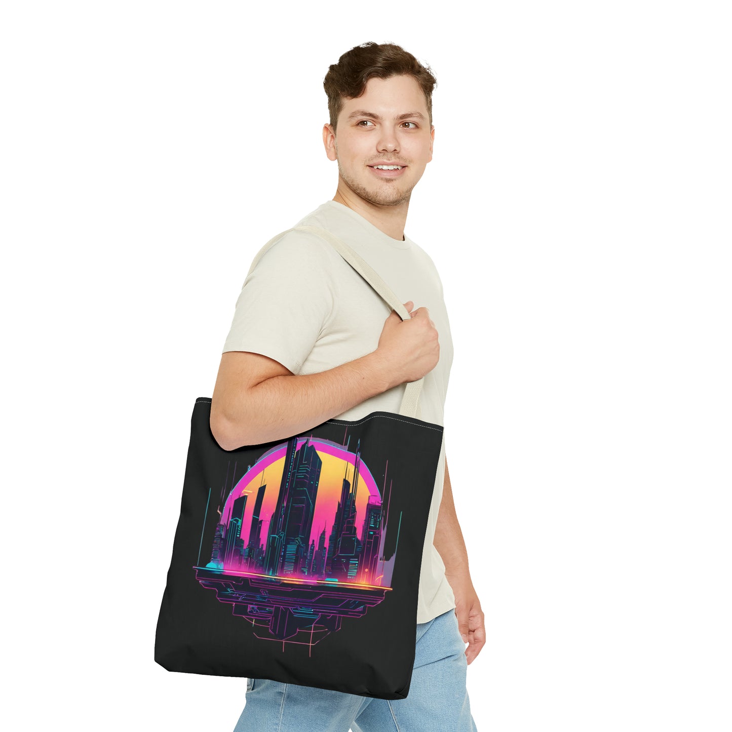 Cyberpunk City Landscape AOP Tote Bag 3 sizes 5 color handle options