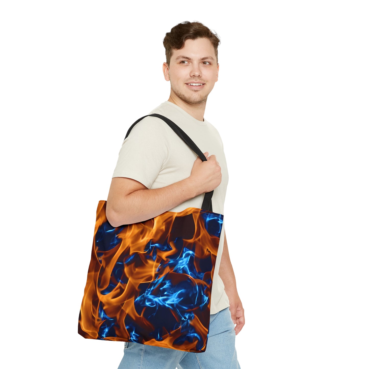 Blue and Orange Flame All Over Print (AOP) Tote Bag - Stylish and Spacious Carry-All