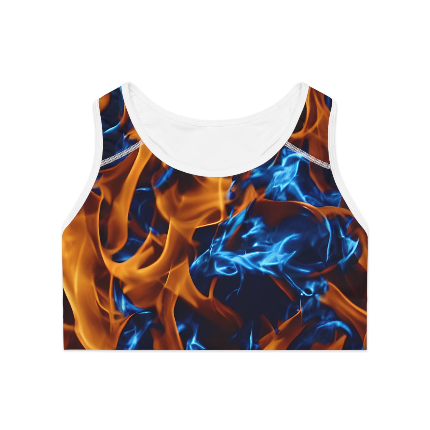 Blue and Orange Flame All Over Print (AOP) Sports Bra - Ignite Your Workout Style