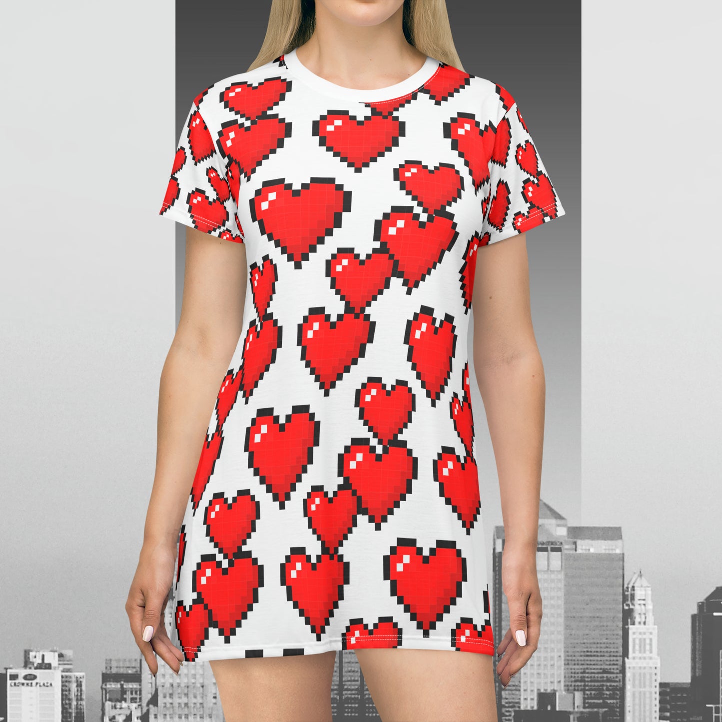 8 Bit Hearts on White T-Shirt Dress (AOP)