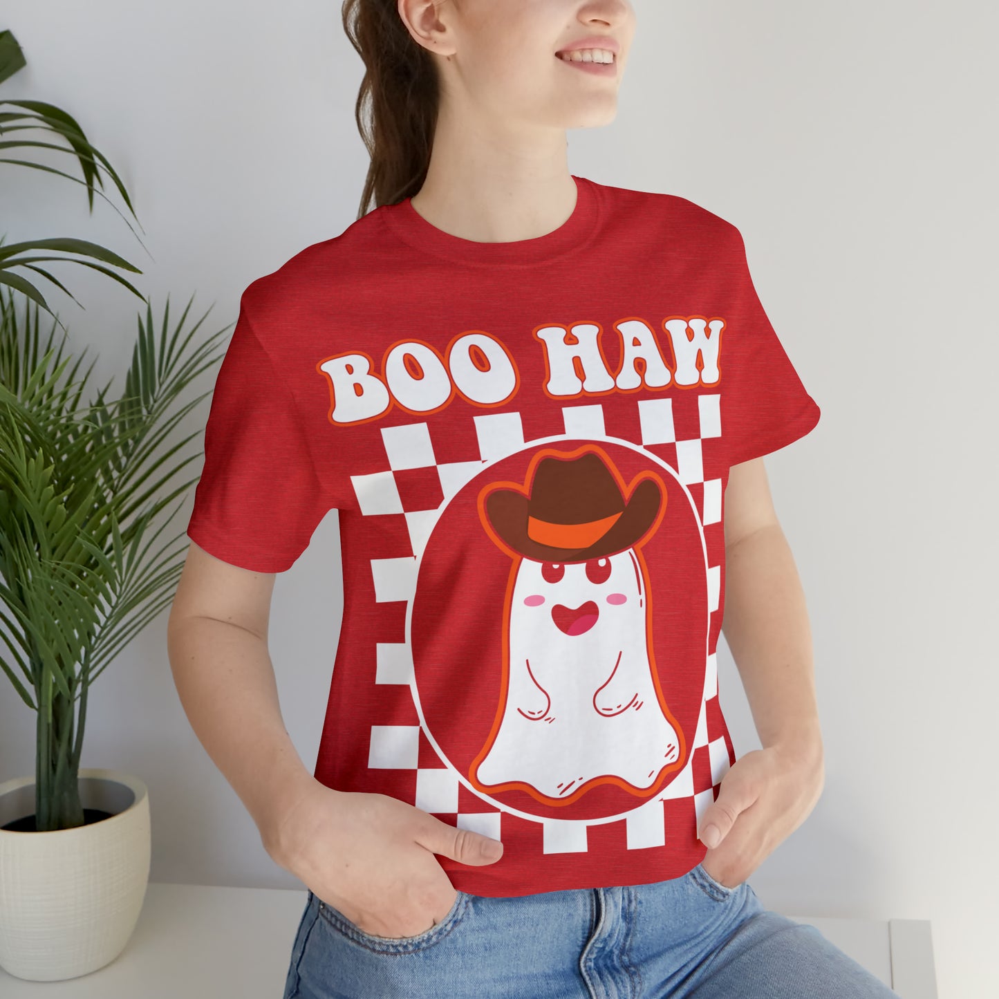 Cute Cowboy Ghost Saying Boo Haw Retro Groovy Western Halloween Unisex Jersey Short Sleeve Tee Gifts for Him Gifts For Her