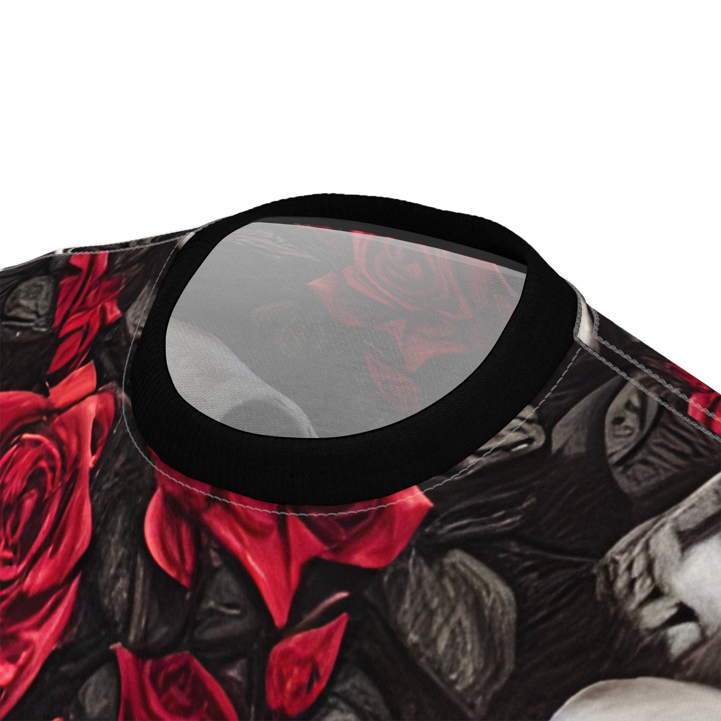 Hyper Realistic Skulls and Red Roses by artist Anne-Laure Goupil Unisex Cut & Sew Tee (AOP)