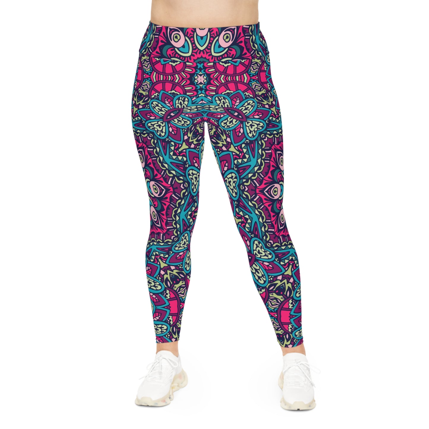 Boho Chic: Red and Blue All-Over Print Plus Size Leggings for Trendsetters