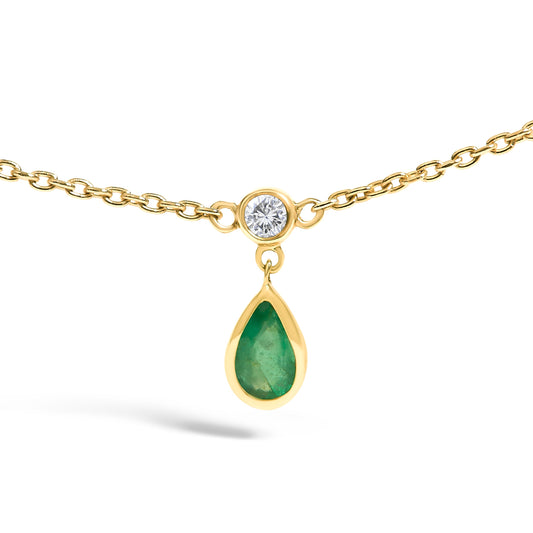 10K Yellow Gold Dangling 5x3 mm Green Emerald and Diamond Station Necklace - 18" Inches
