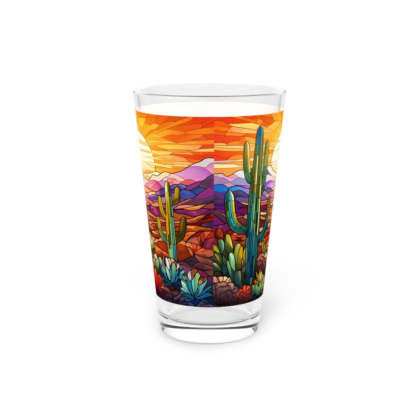 Desert with a Cactus Bloom: A Stained Glass Tribute to Cacti 16oz Pint Glass Gift idea gifts for home decor housewarming gift