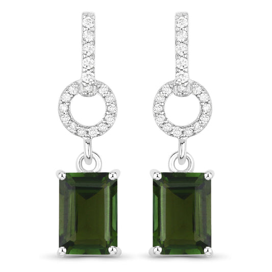 2.28 Carat Genuine Green Tourmaline and White Diamond 14K White Gold Earrings