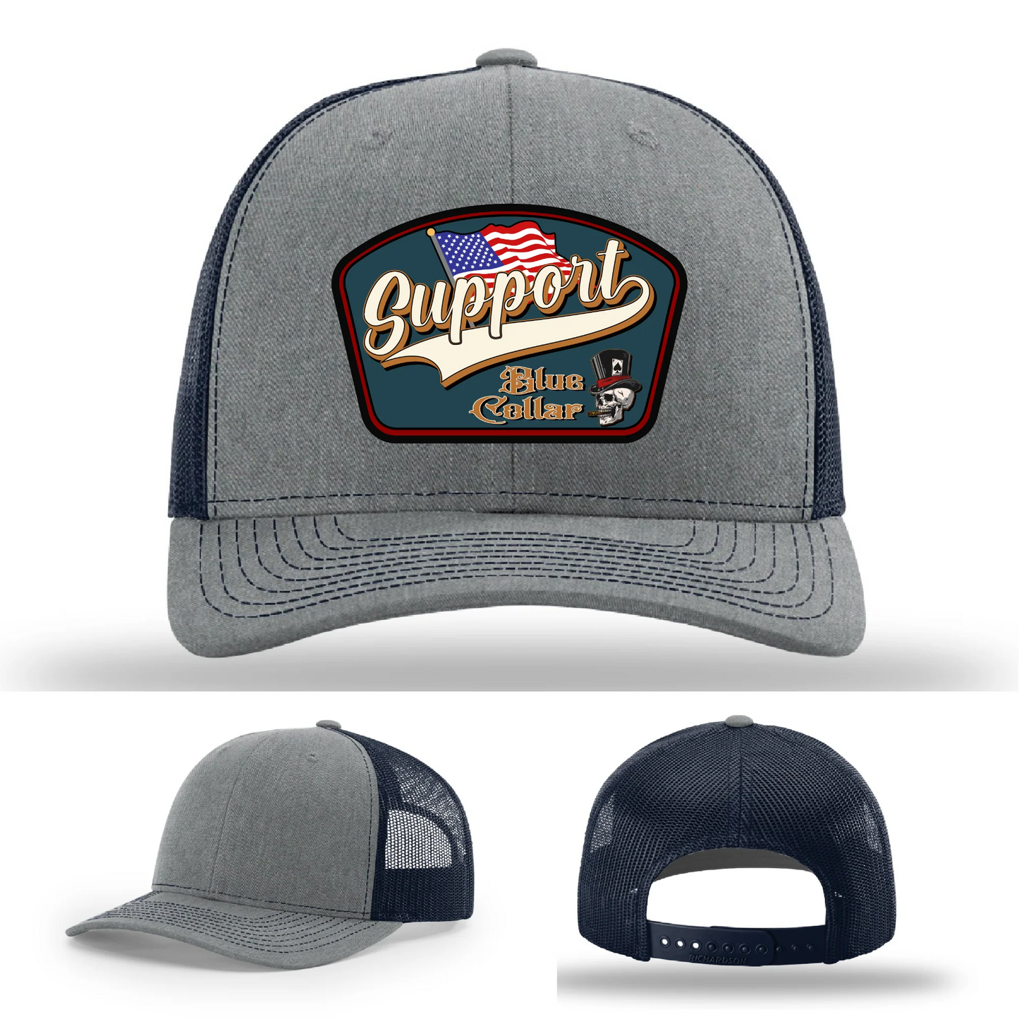 Support Blue Collar Hat | Leather Patch American Flag Design