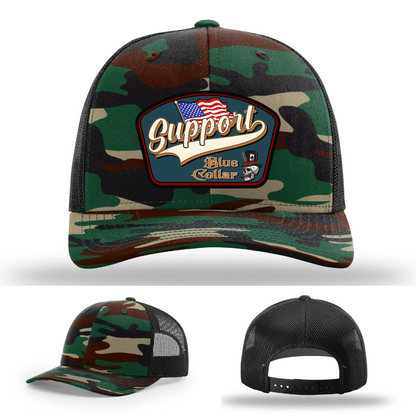 Support Blue Collar Hat | Leather Patch American Flag Design