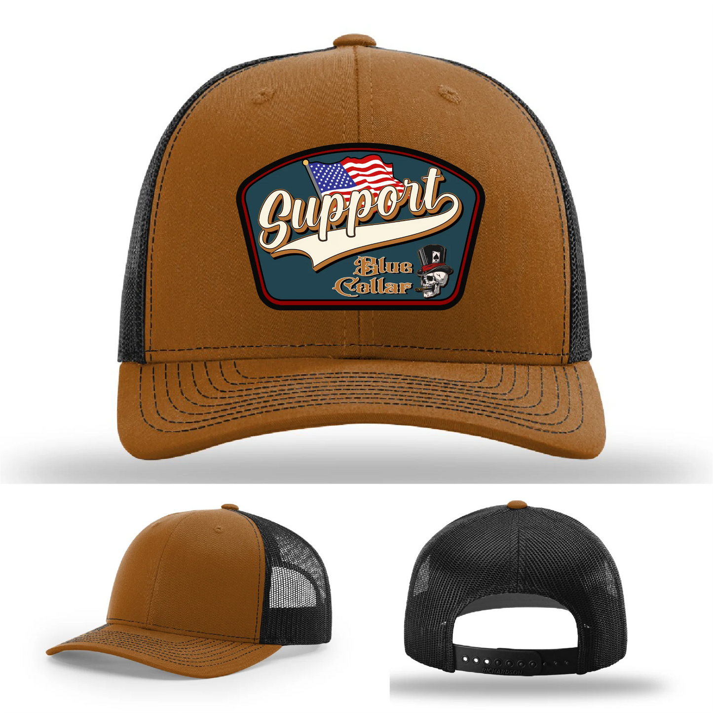 Support Blue Collar Hat | Leather Patch American Flag Design