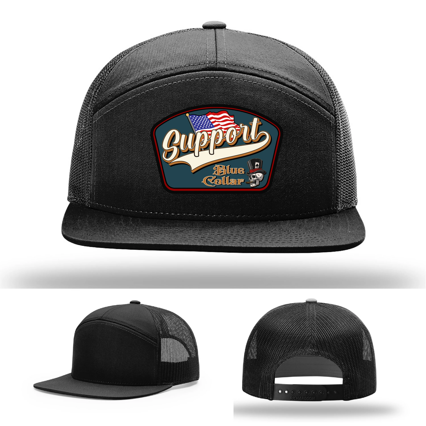 Support Blue Collar Hat | Leather Patch American Flag Design