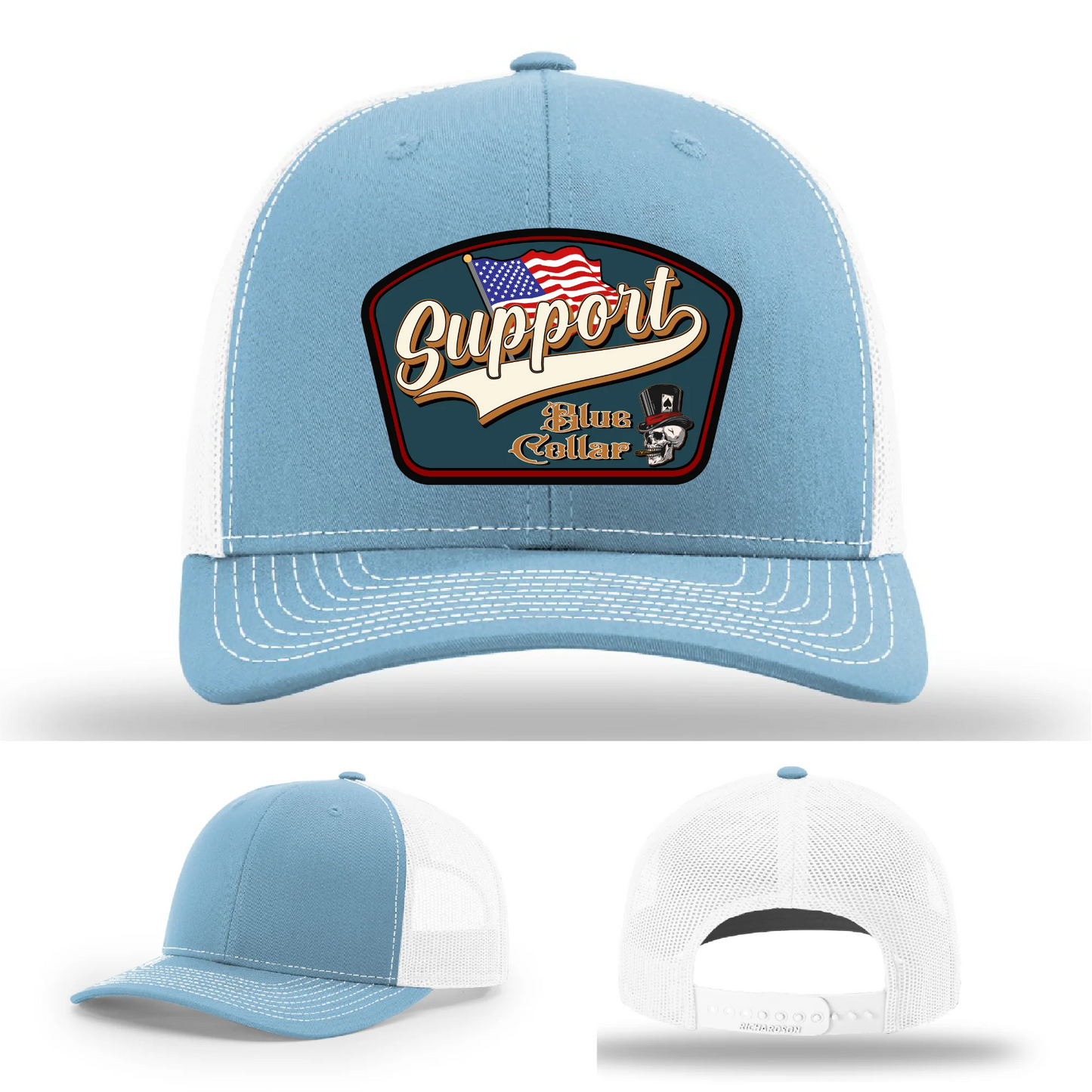 Support Blue Collar Hat | Leather Patch American Flag Design