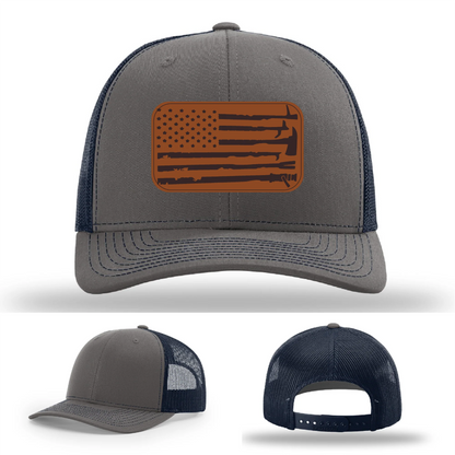 Fire Tools Flag Hat | Leather Patch Firefighter Design